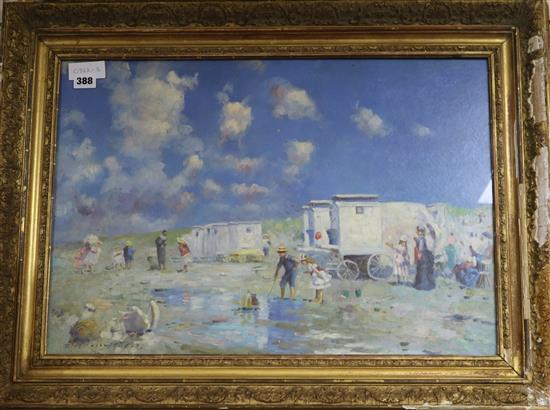 Russian School, oil on canvas board, Figures and bathing huts on a beach, 41 x 59cm